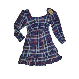 Romantic Gypsy Blue Plaid Peasant Ruffle Square Scoop Tunic Maternity Top L NWT